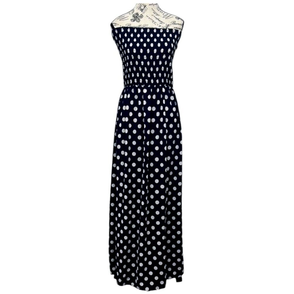 Mlle Gabrielle Navy Blue Polka Dot Strapless Maxi Dress Large NWT Smocked Bodice